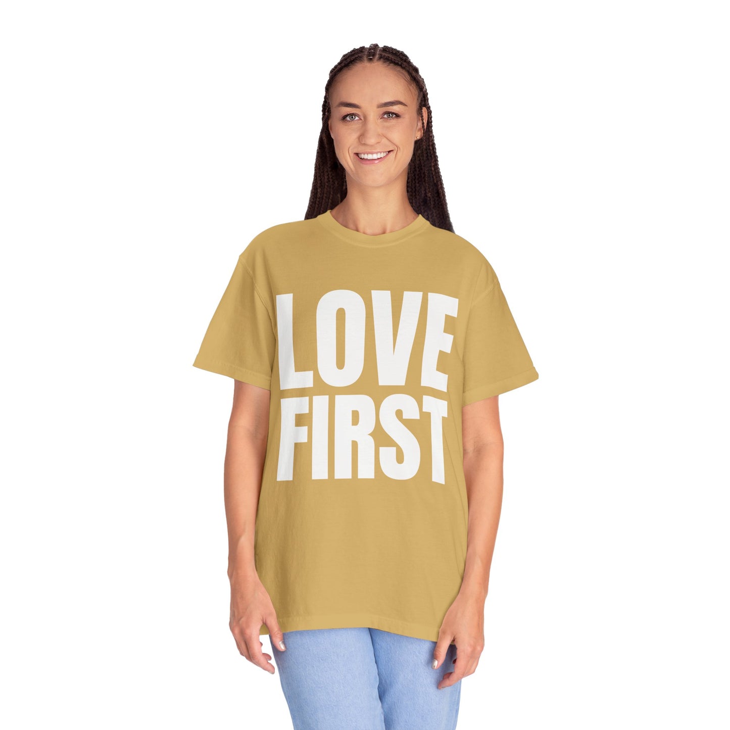 LOVE FIRST (block) - Garment-Dyed Unisex T-Shirt, Vintage Style Tee, Casual Wear, Gift for Him/Her, Customizable Shirt
