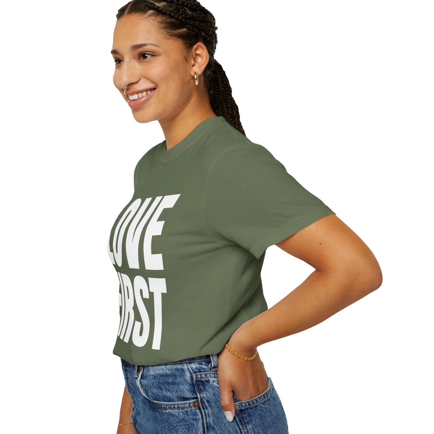 LOVE FIRST (block) - Garment-Dyed Unisex T-Shirt, Vintage Style Tee, Casual Wear, Gift for Him/Her, Customizable Shirt
