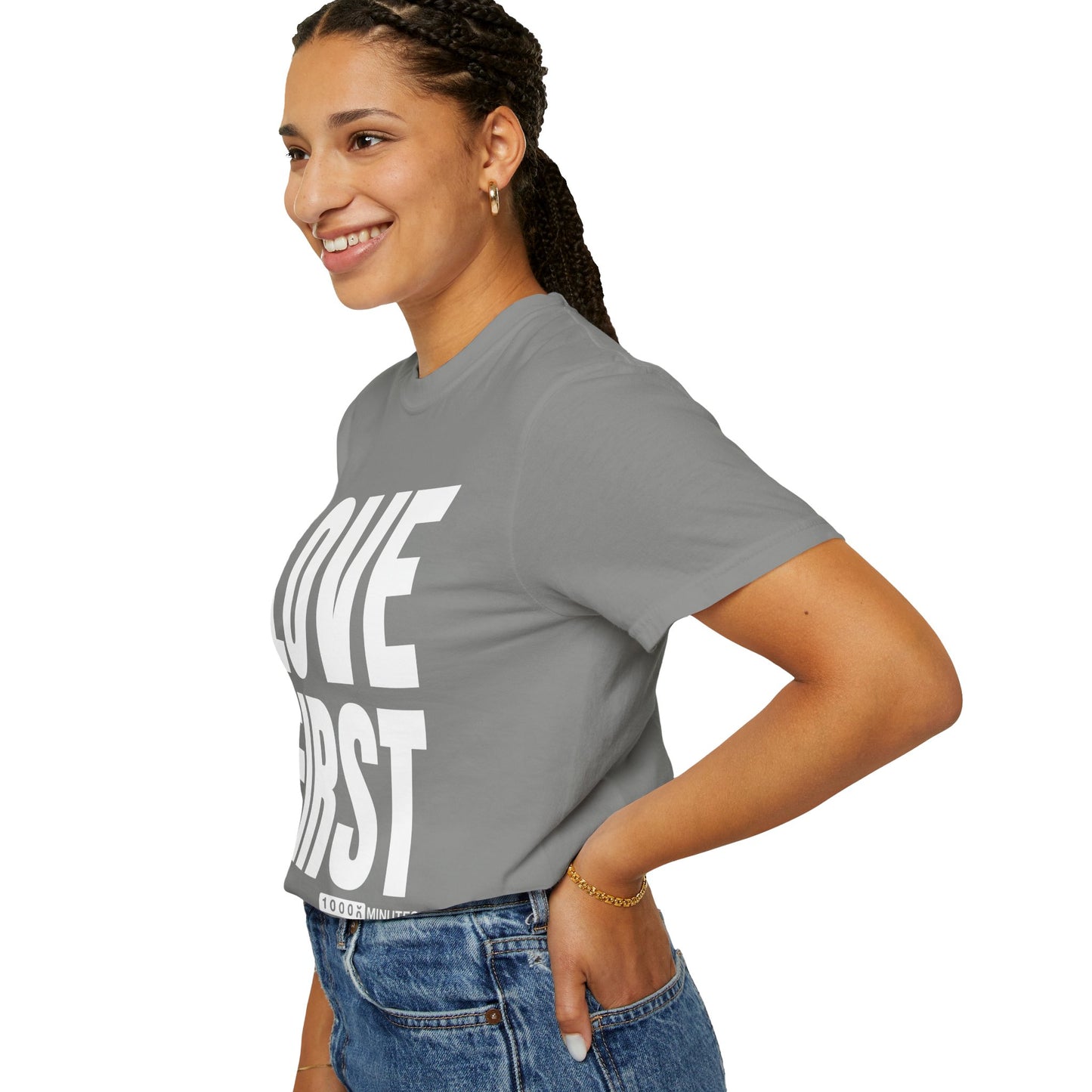 LOVE FIRST (block) - Vintage Garment-Dyed Unisex T-Shirt w/ mulitple color options