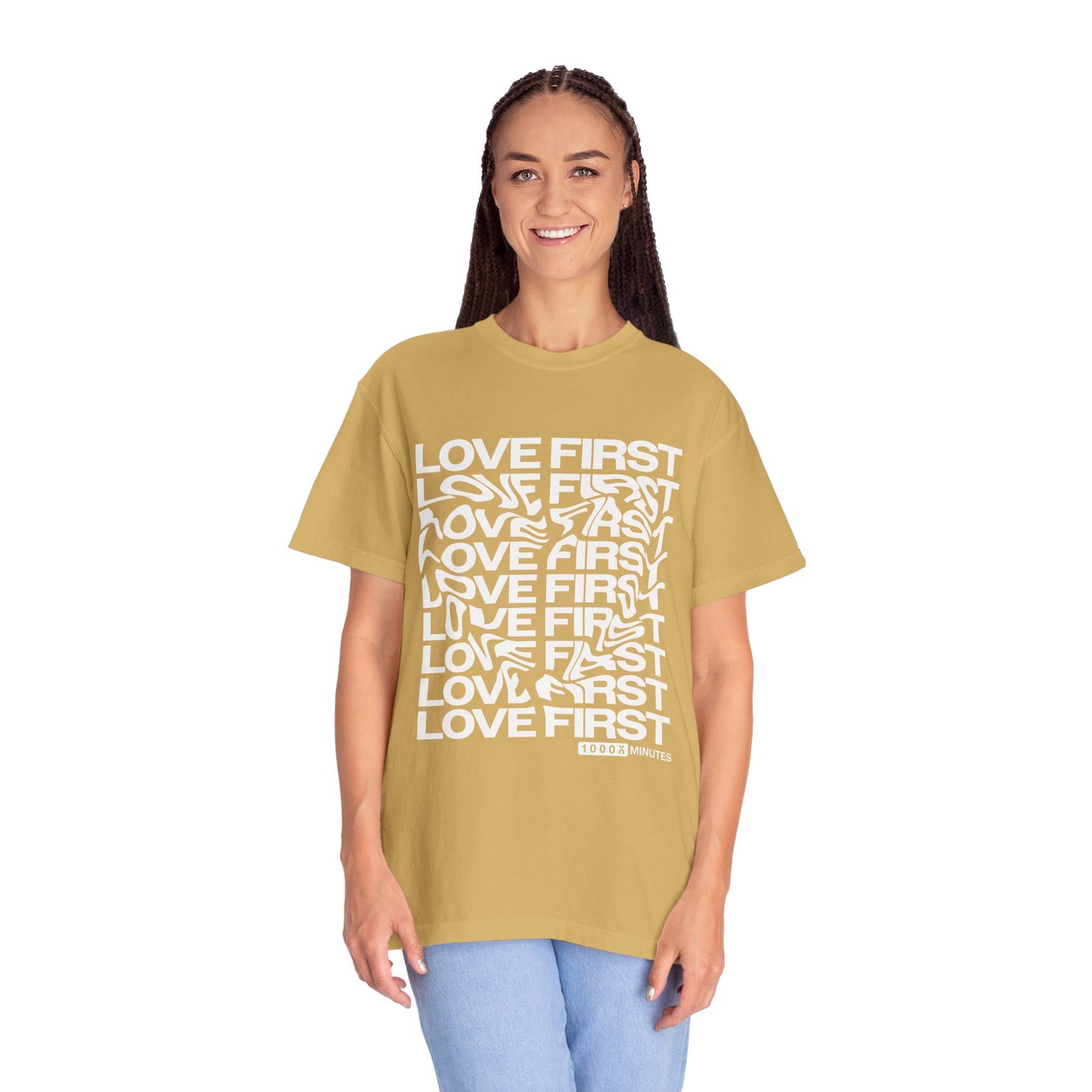 LOVE FIRST - Garment-Dyed Unisex T-Shirt, Vintage Style Tee, Casual Wear, Gift for Him/Her, Customizable Shirt