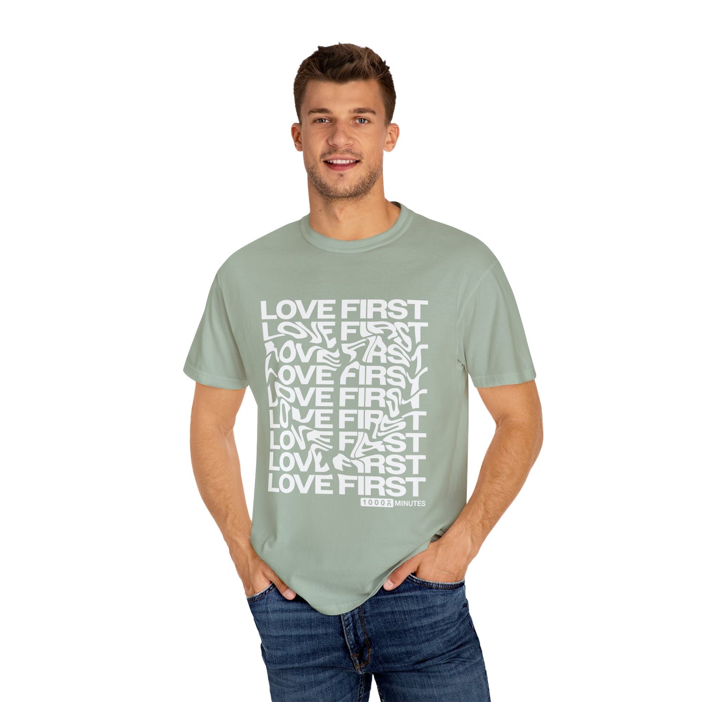 LOVE FIRST - Garment-Dyed Unisex T-Shirt, Vintage Style Tee, Casual Wear, Gift for Him/Her, Customizable Shirt