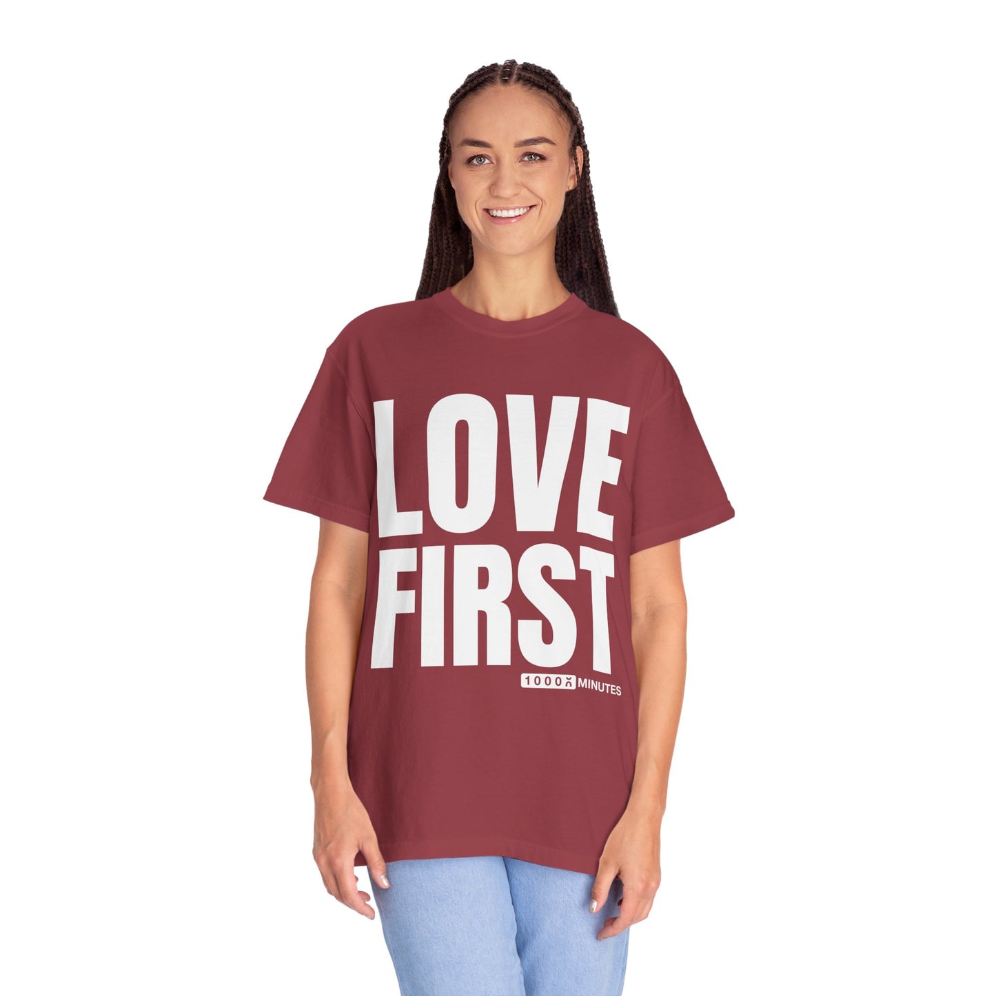 LOVE FIRST (block) - Vintage Garment-Dyed Unisex T-Shirt w/ mulitple color options