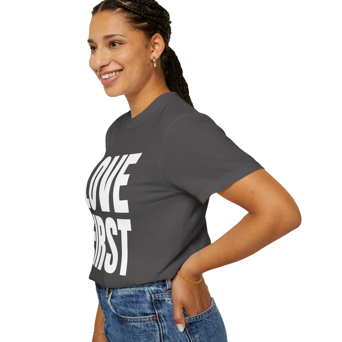 LOVE FIRST (block) - Garment-Dyed Unisex T-Shirt, Vintage Style Tee, Casual Wear, Gift for Him/Her, Customizable Shirt