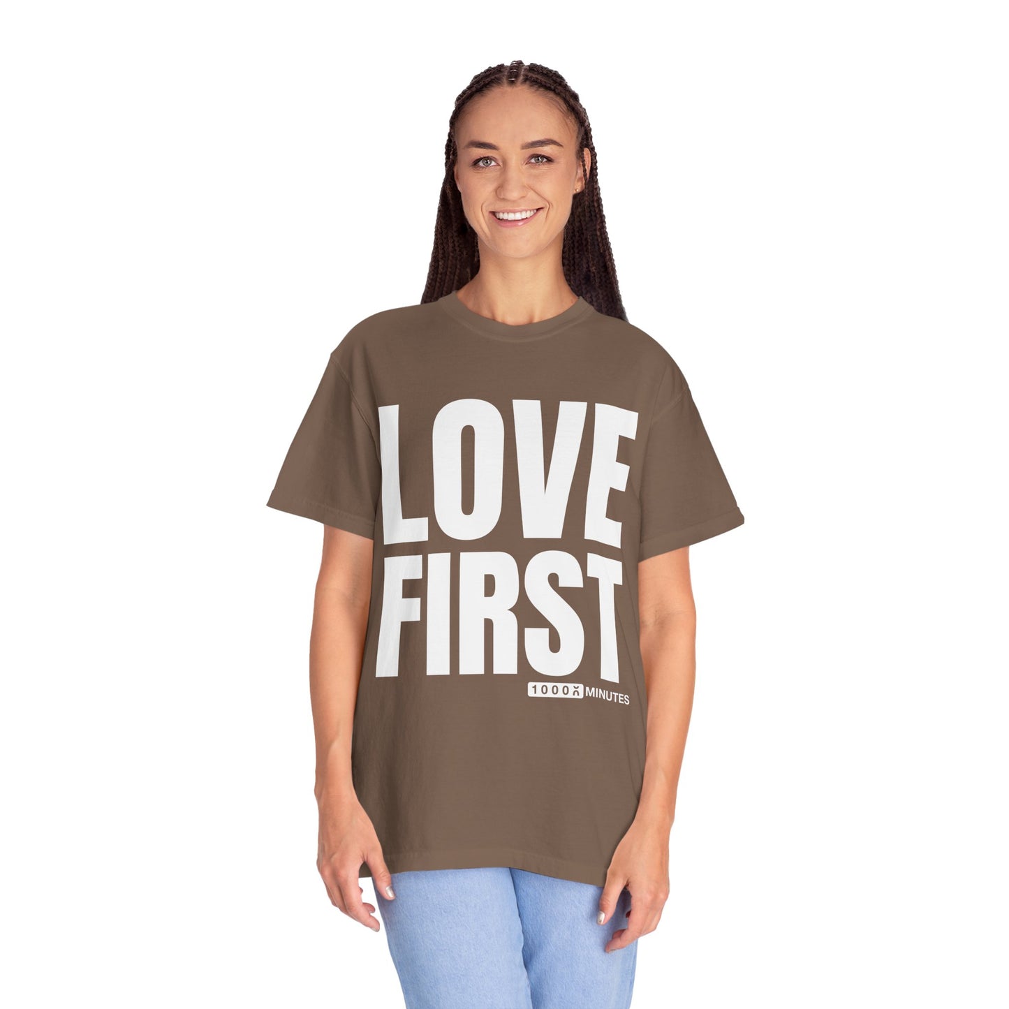 LOVE FIRST (block) - Vintage Garment-Dyed Unisex T-Shirt w/ mulitple color options