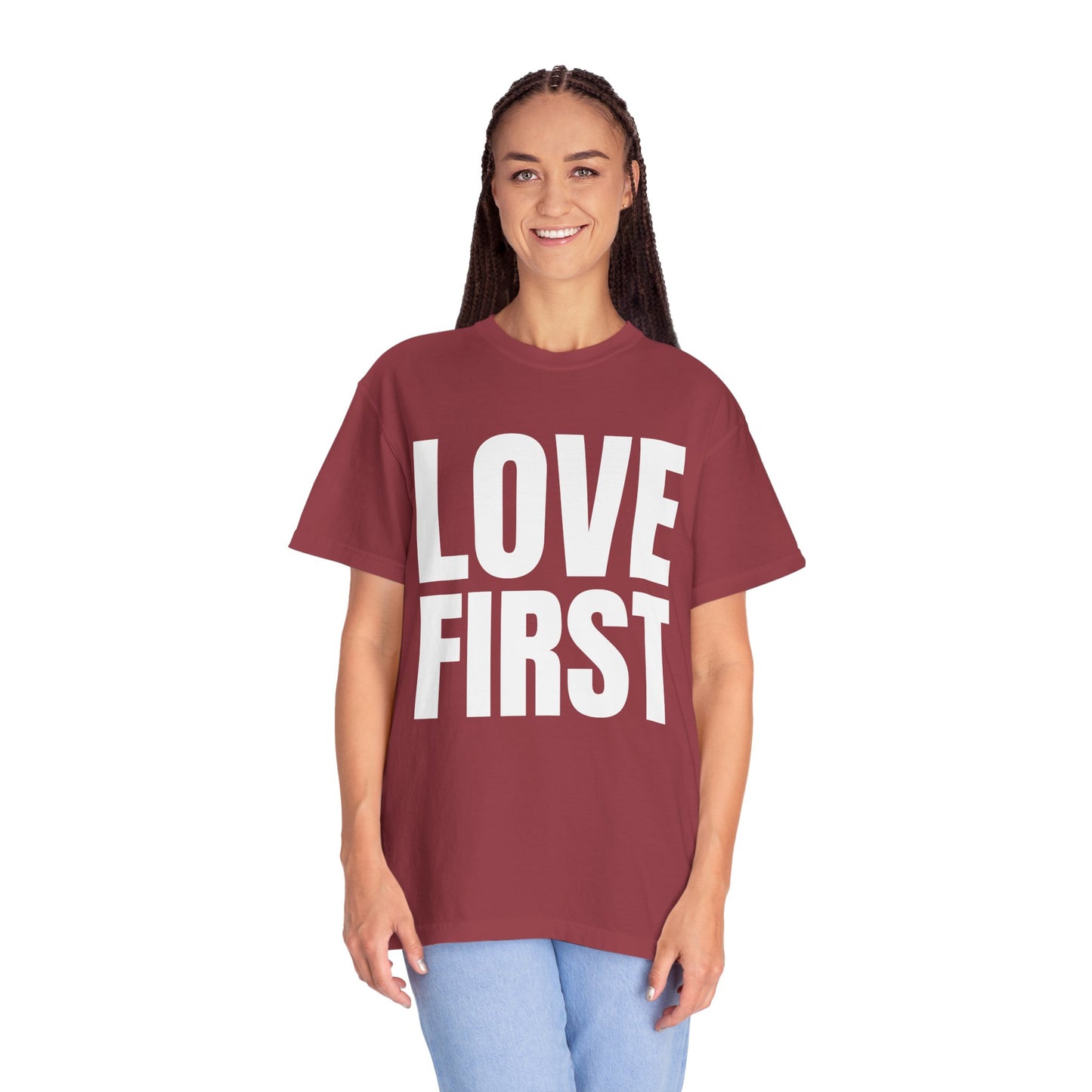 LOVE FIRST (block) - Garment-Dyed Unisex T-Shirt, Vintage Style Tee, Casual Wear, Gift for Him/Her, Customizable Shirt