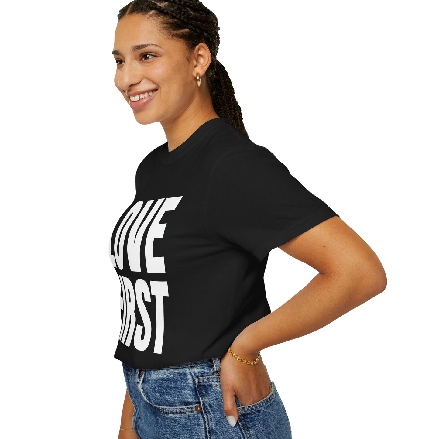 LOVE FIRST (block) - Garment-Dyed Unisex T-Shirt, Vintage Style Tee, Casual Wear, Gift for Him/Her, Customizable Shirt