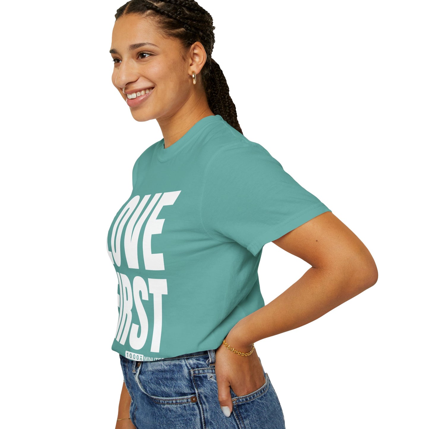 LOVE FIRST (block) - Vintage Garment-Dyed Unisex T-Shirt w/ mulitple color options