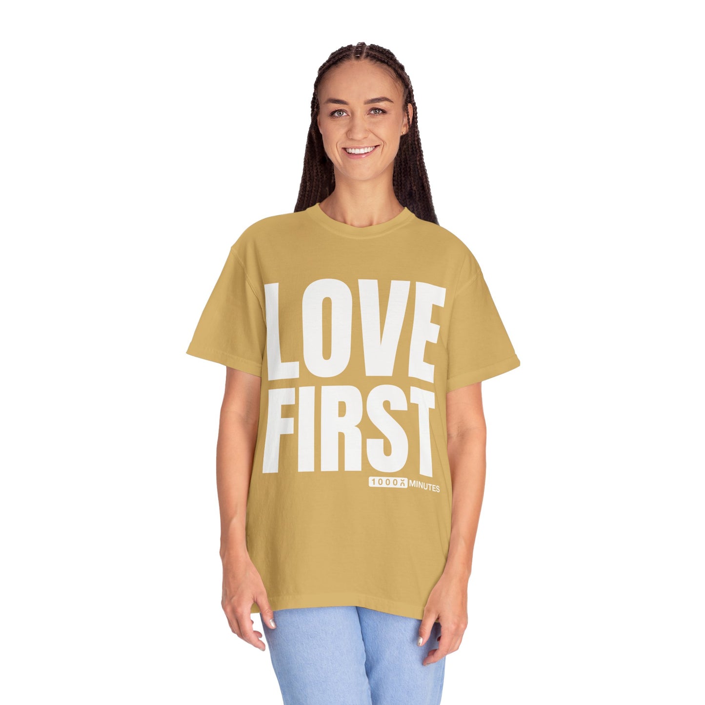 LOVE FIRST (block) - Vintage Garment-Dyed Unisex T-Shirt w/ mulitple color options