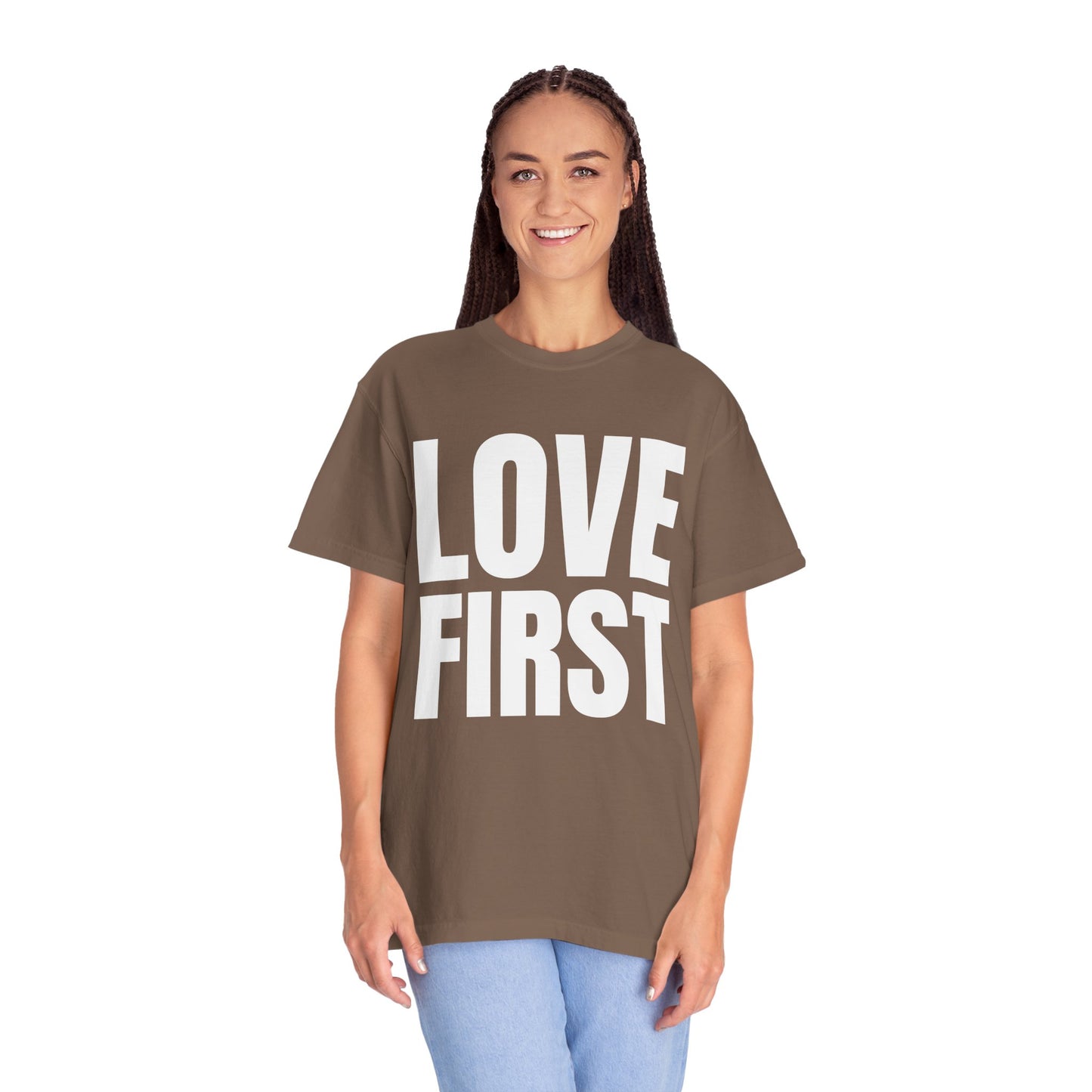 LOVE FIRST (block) - Garment-Dyed Unisex T-Shirt, Vintage Style Tee, Casual Wear, Gift for Him/Her, Customizable Shirt
