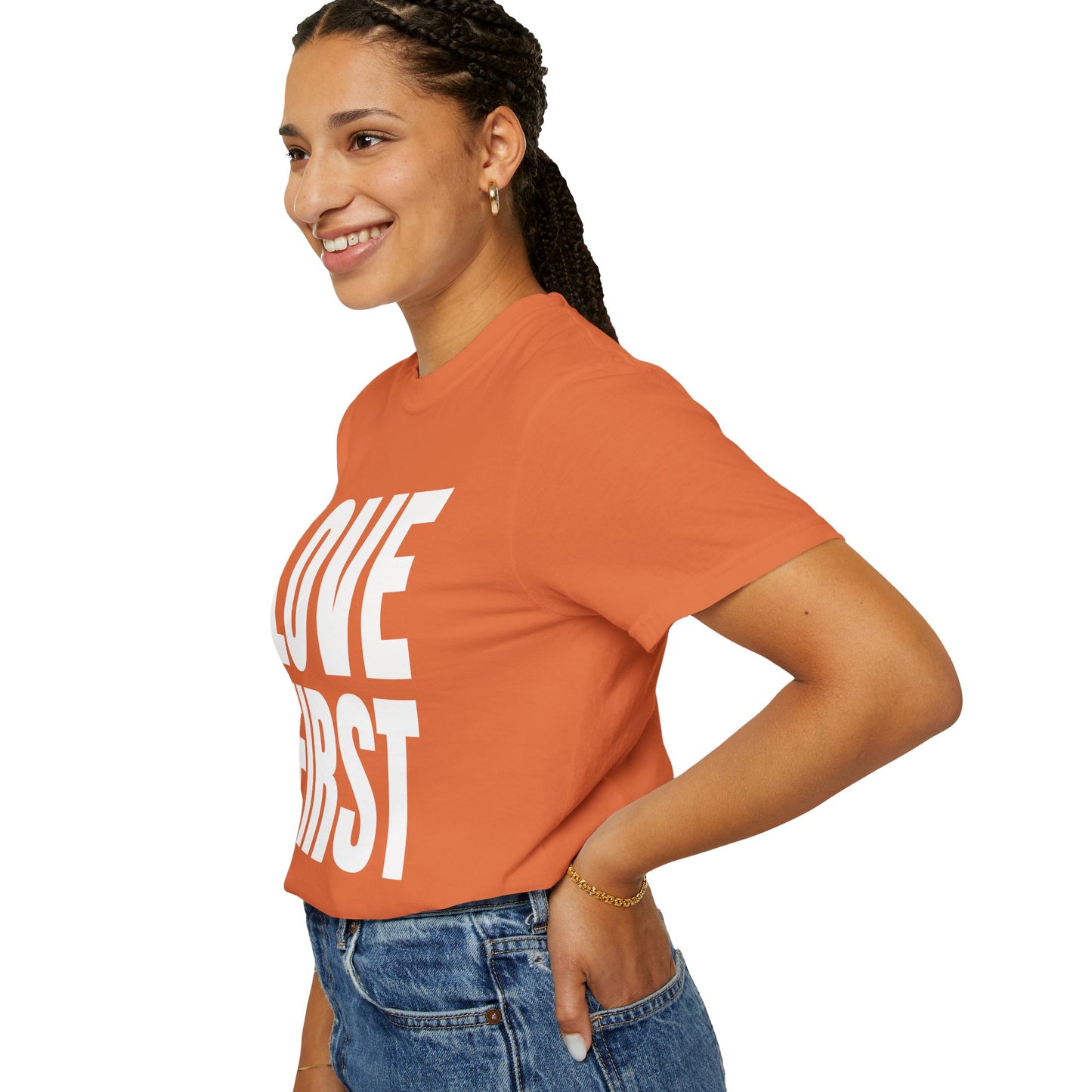LOVE FIRST (block) - Garment-Dyed Unisex T-Shirt, Vintage Style Tee, Casual Wear, Gift for Him/Her, Customizable Shirt