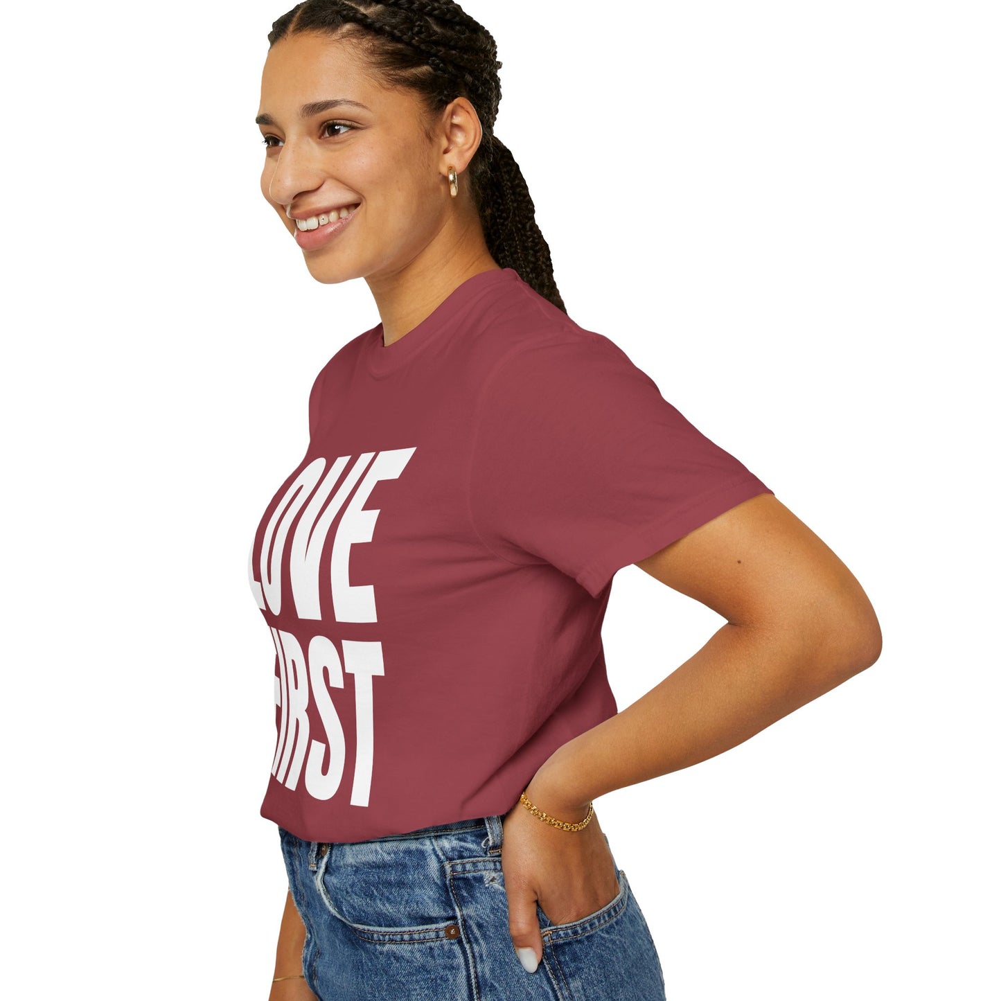 LOVE FIRST (block) - Garment-Dyed Unisex T-Shirt, Vintage Style Tee, Casual Wear, Gift for Him/Her, Customizable Shirt