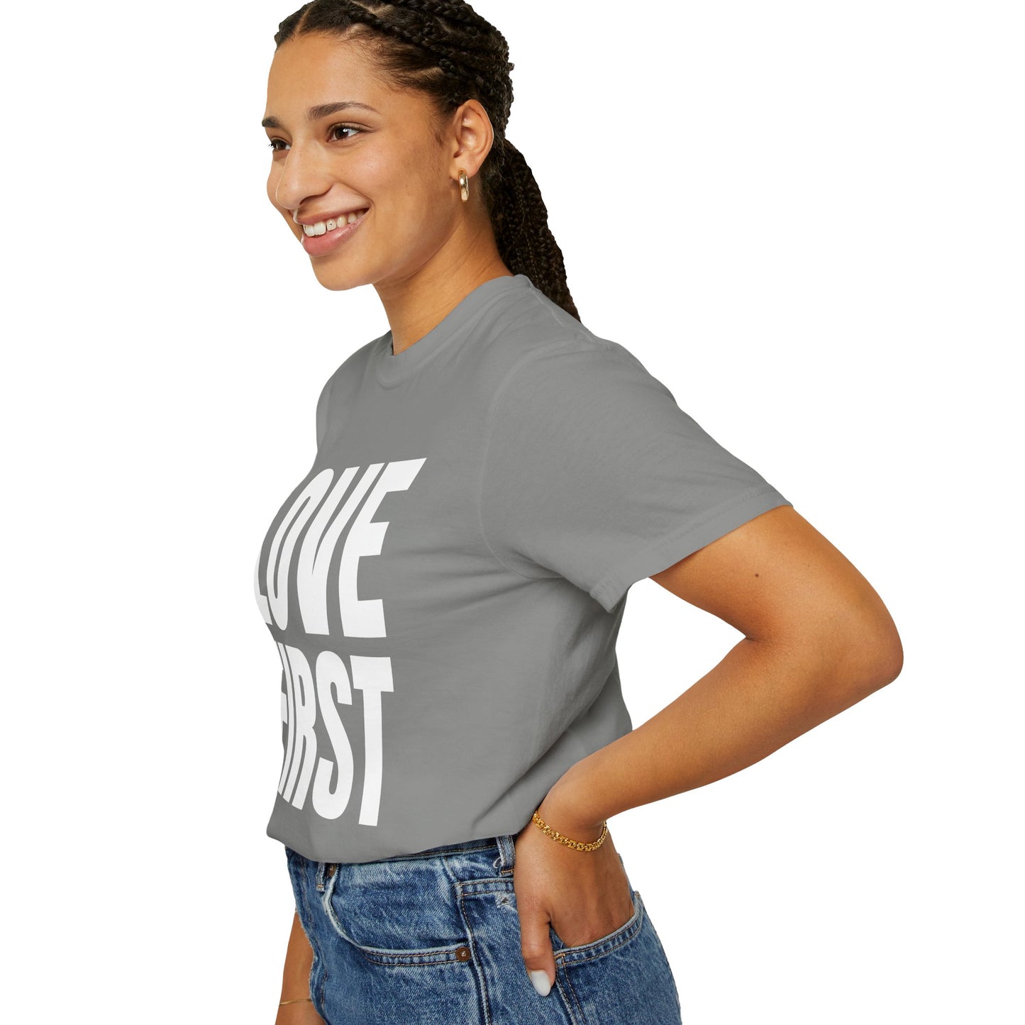 LOVE FIRST (block) - Garment-Dyed Unisex T-Shirt, Vintage Style Tee, Casual Wear, Gift for Him/Her, Customizable Shirt