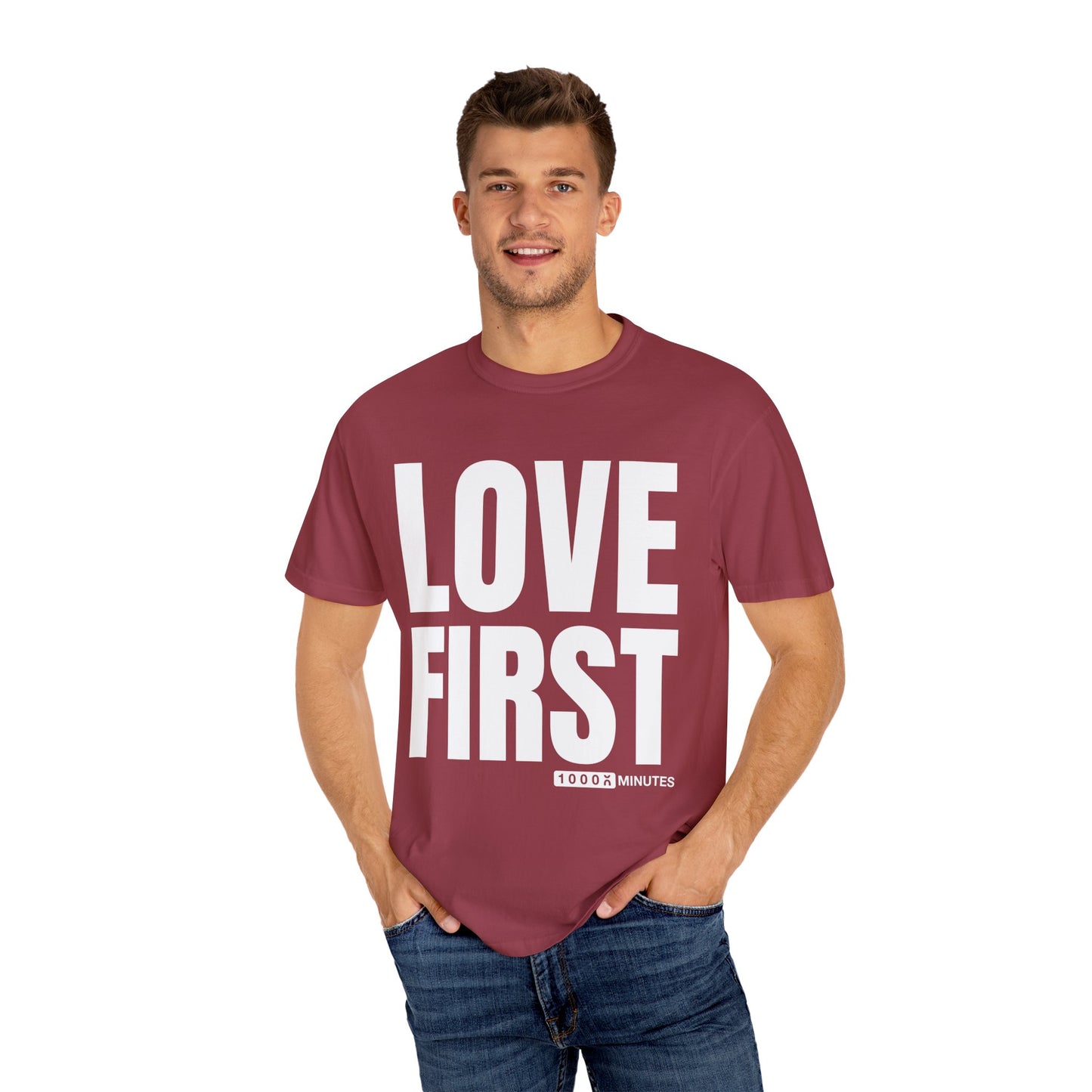 LOVE FIRST (block) - Vintage Garment-Dyed Unisex T-Shirt w/ mulitple color options