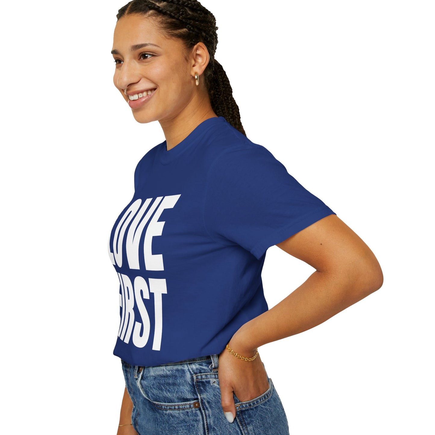 LOVE FIRST (block) - Garment-Dyed Unisex T-Shirt, Vintage Style Tee, Casual Wear, Gift for Him/Her, Customizable Shirt