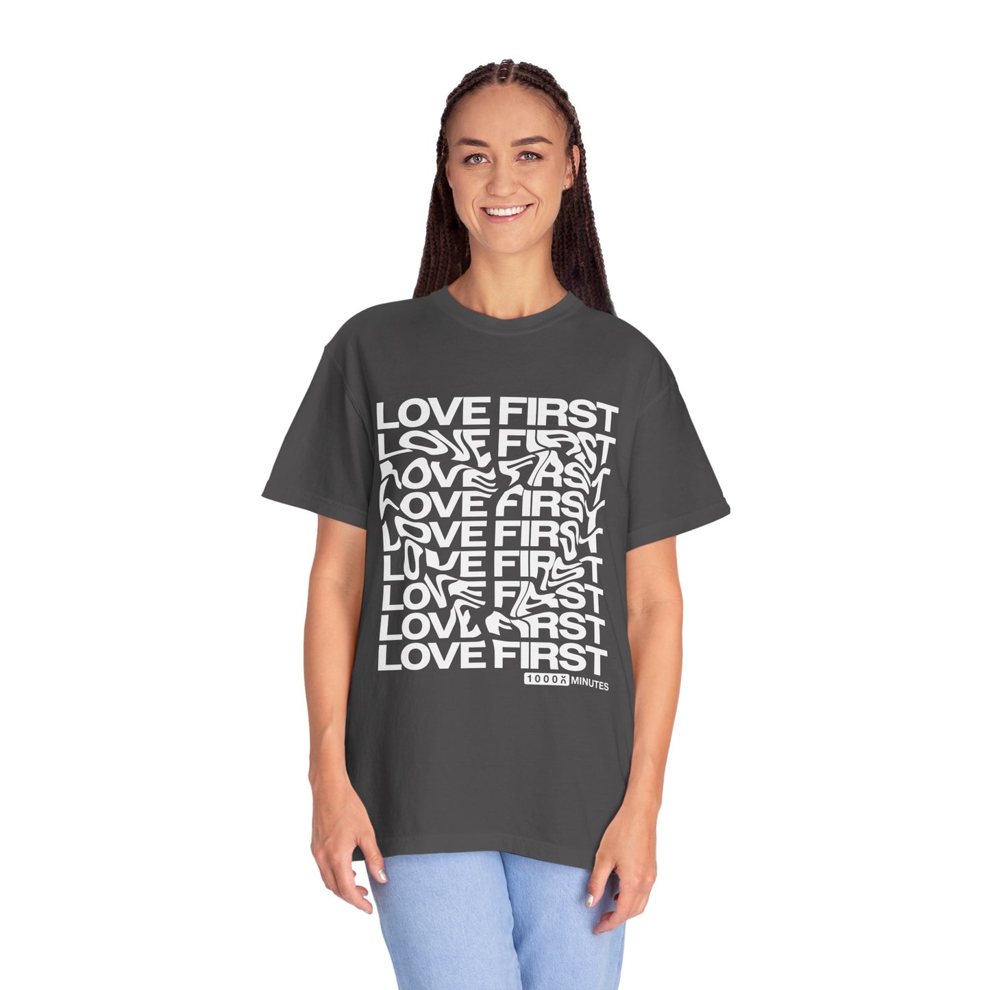 LOVE FIRST - Garment-Dyed Unisex T-Shirt, Vintage Style Tee, Casual Wear, Gift for Him/Her, Customizable Shirt