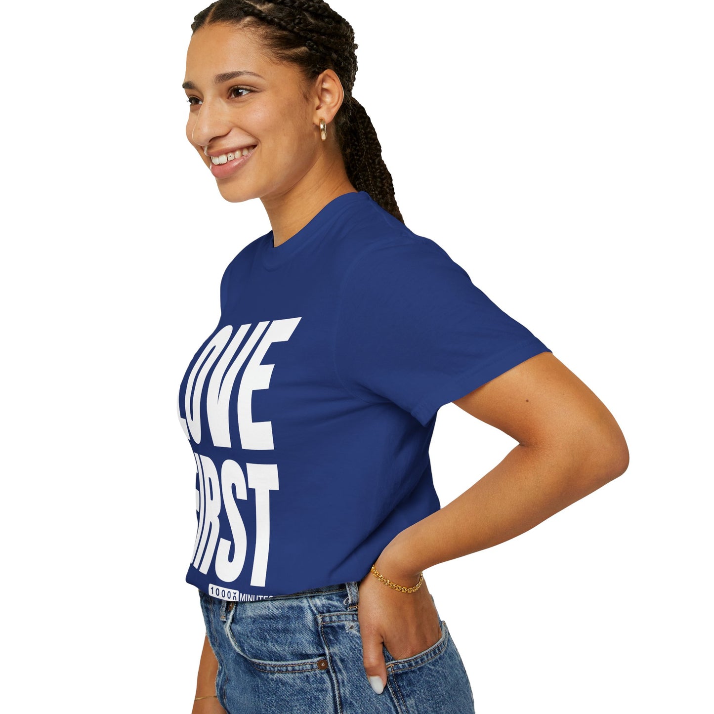 LOVE FIRST (block) - Vintage Garment-Dyed Unisex T-Shirt w/ mulitple color options