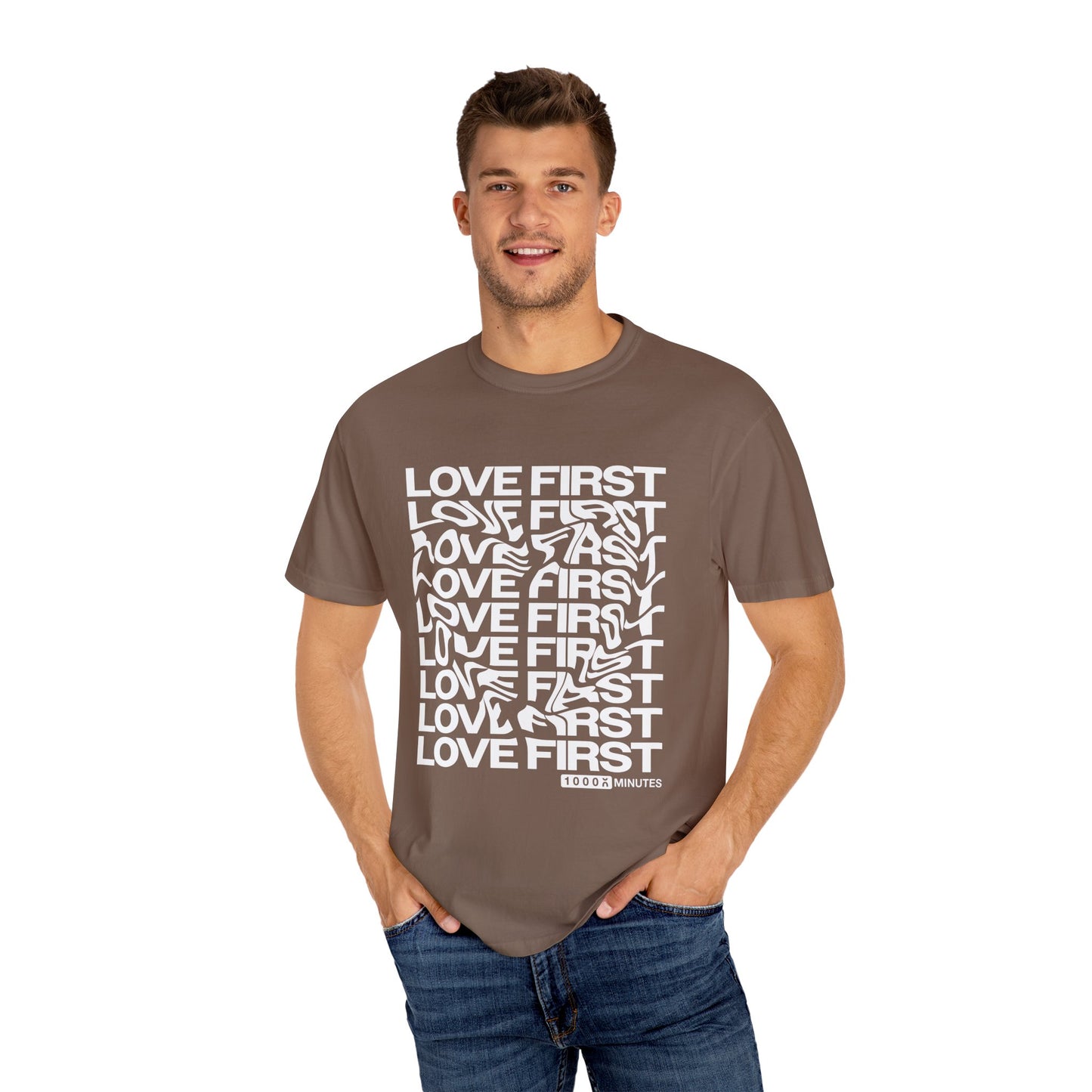 LOVE FIRST - Garment-Dyed Unisex T-Shirt, Vintage Style Tee, Casual Wear, Gift for Him/Her, Customizable Shirt