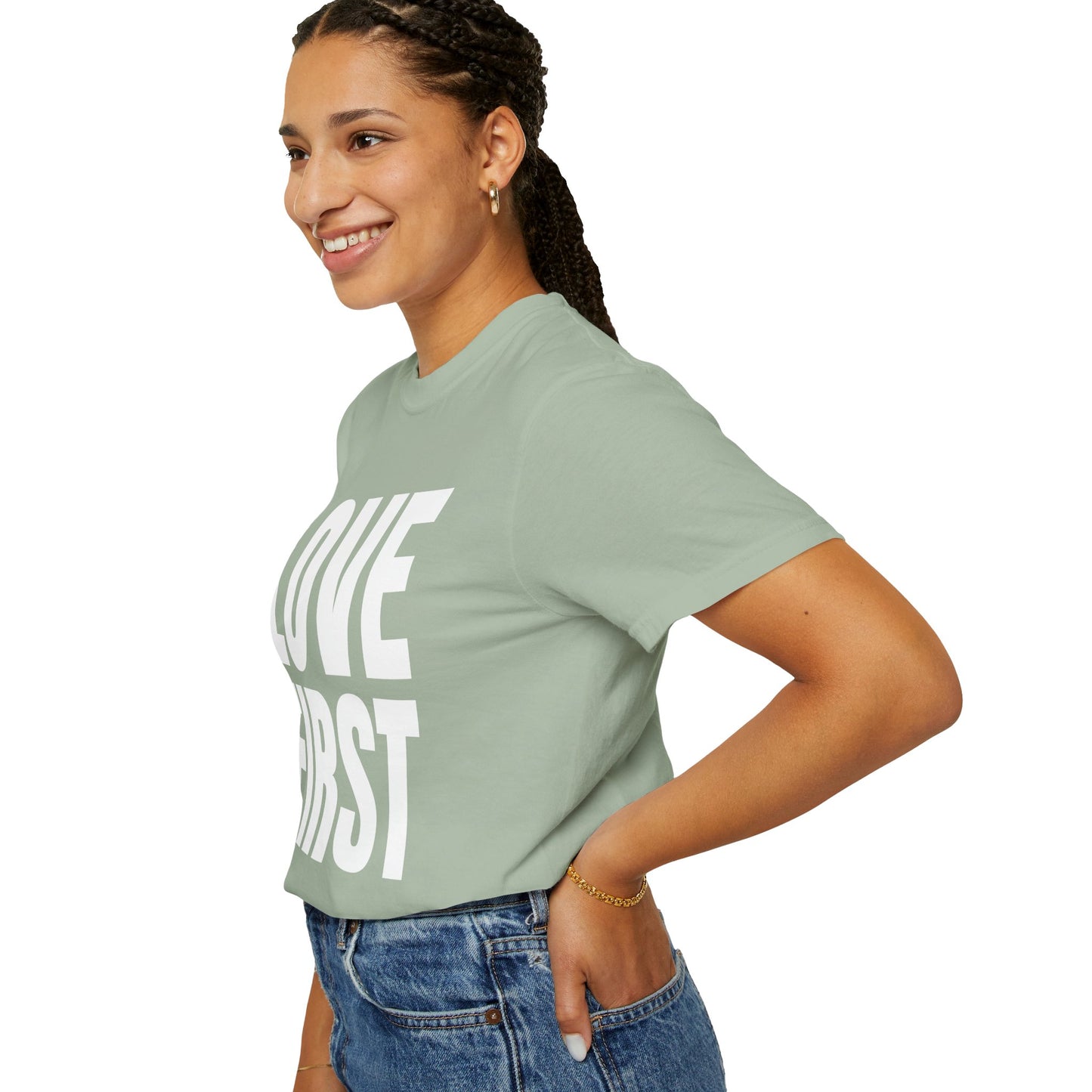 LOVE FIRST (block) - Garment-Dyed Unisex T-Shirt, Vintage Style Tee, Casual Wear, Gift for Him/Her, Customizable Shirt