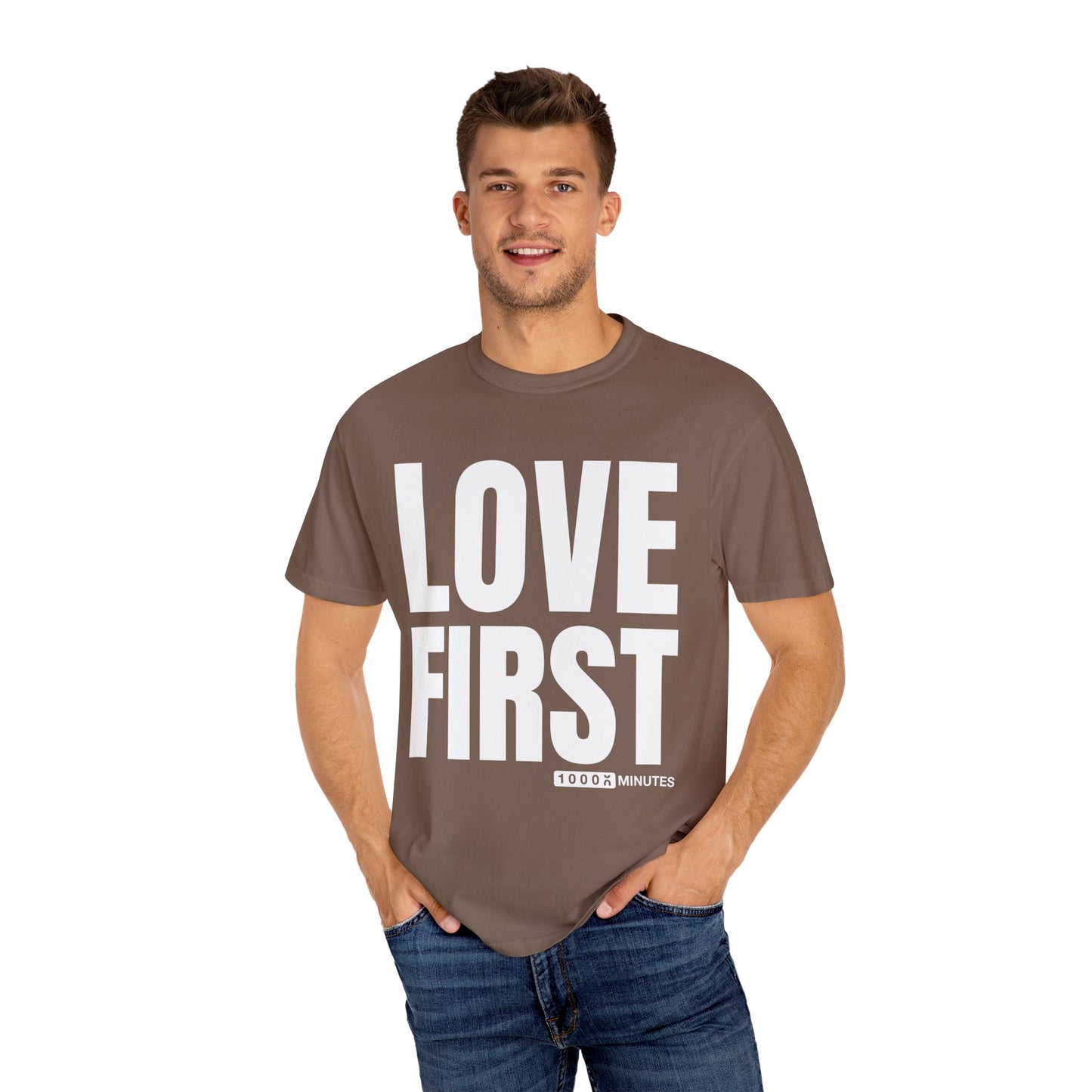 LOVE FIRST (block) - Vintage Garment-Dyed Unisex T-Shirt w/ mulitple color options