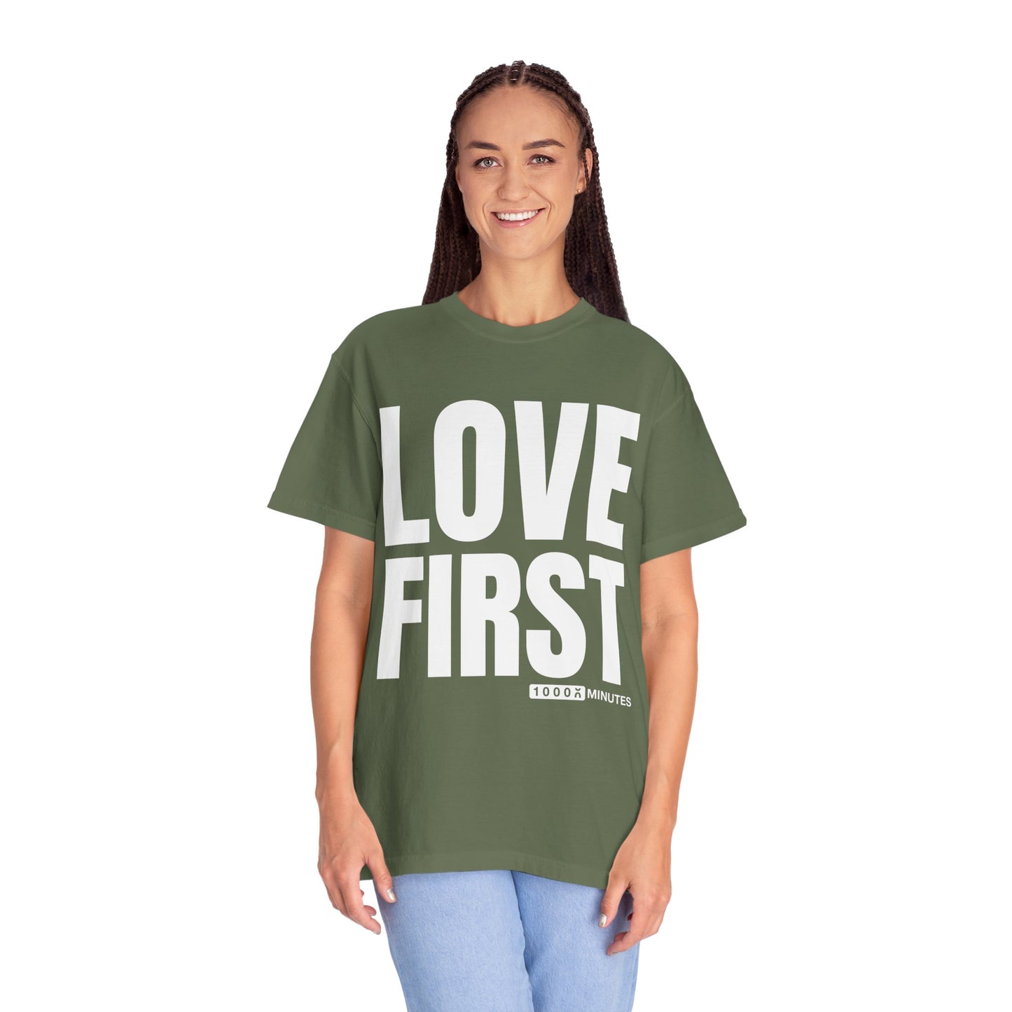 LOVE FIRST (block) - Vintage Garment-Dyed Unisex T-Shirt w/ mulitple color options
