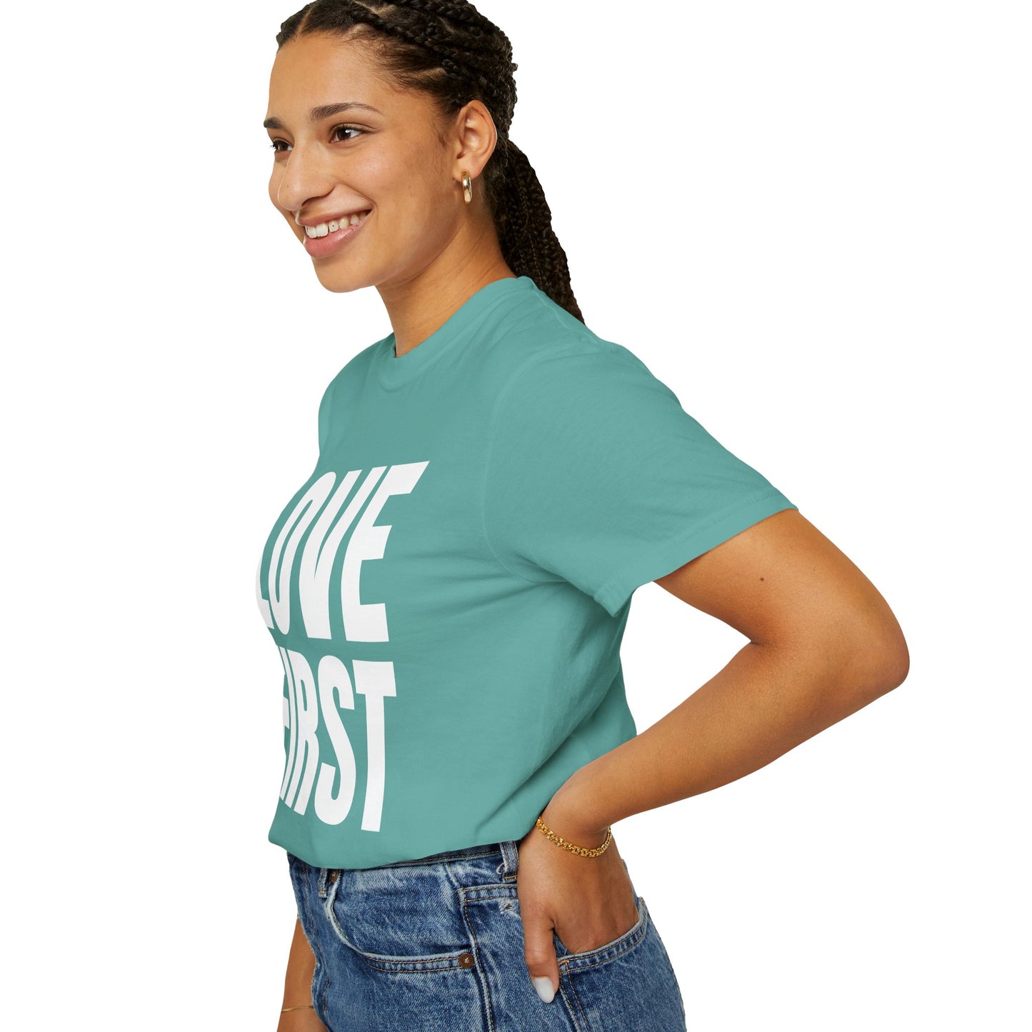 LOVE FIRST (block) - Garment-Dyed Unisex T-Shirt, Vintage Style Tee, Casual Wear, Gift for Him/Her, Customizable Shirt