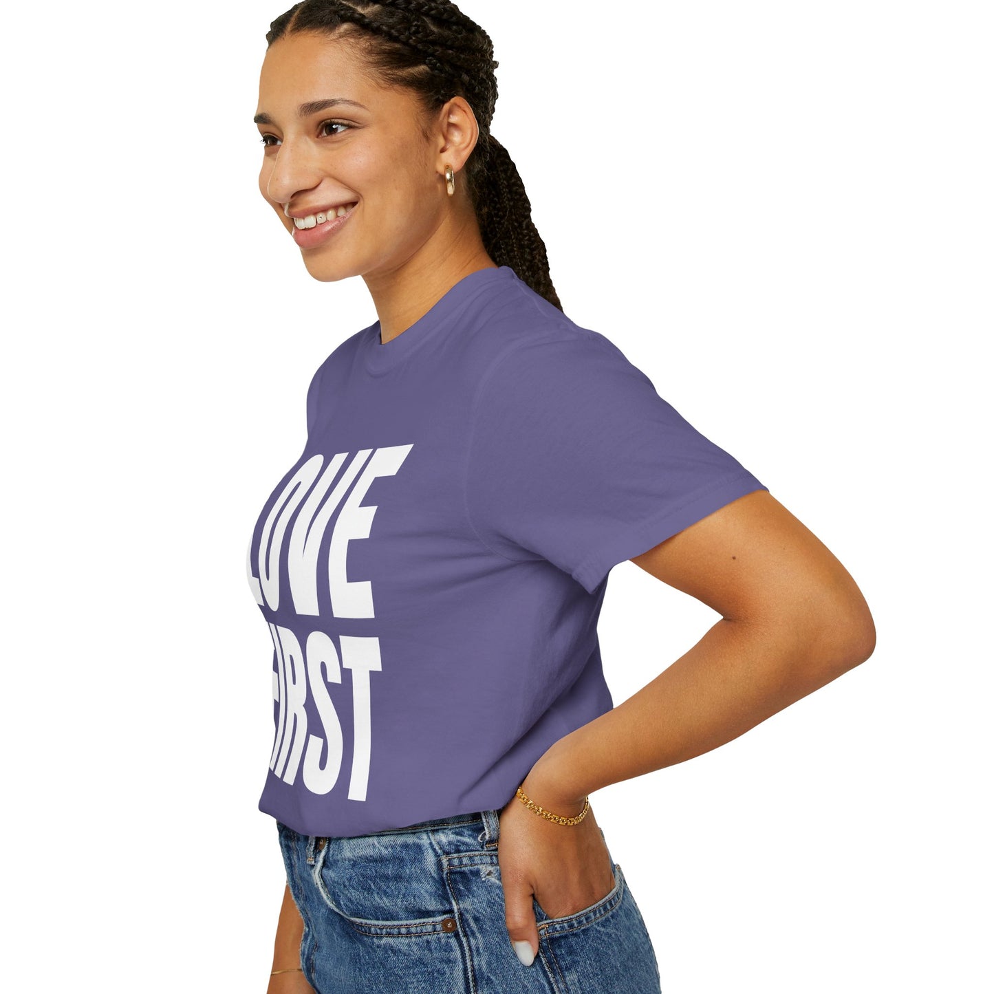 LOVE FIRST (block) - Garment-Dyed Unisex T-Shirt, Vintage Style Tee, Casual Wear, Gift for Him/Her, Customizable Shirt