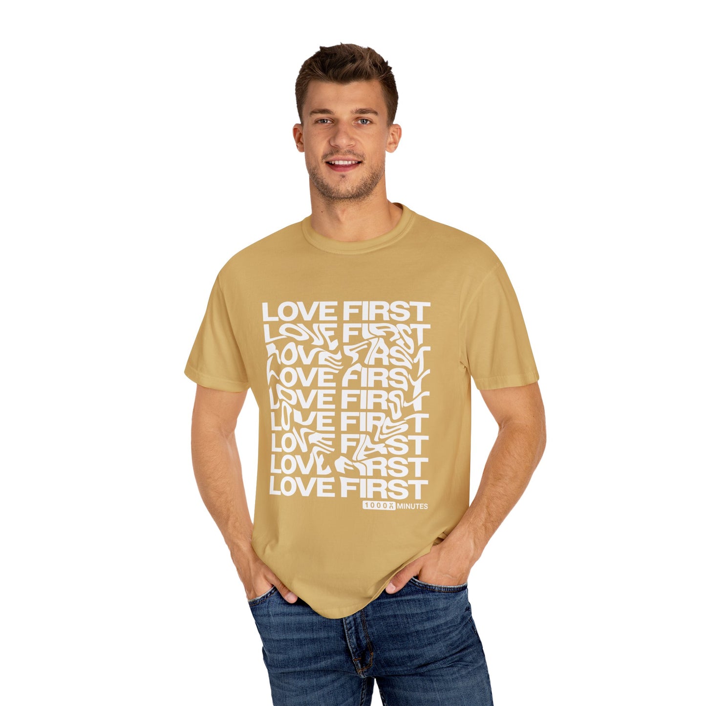 LOVE FIRST - Garment-Dyed Unisex T-Shirt, Vintage Style Tee, Casual Wear, Gift for Him/Her, Customizable Shirt