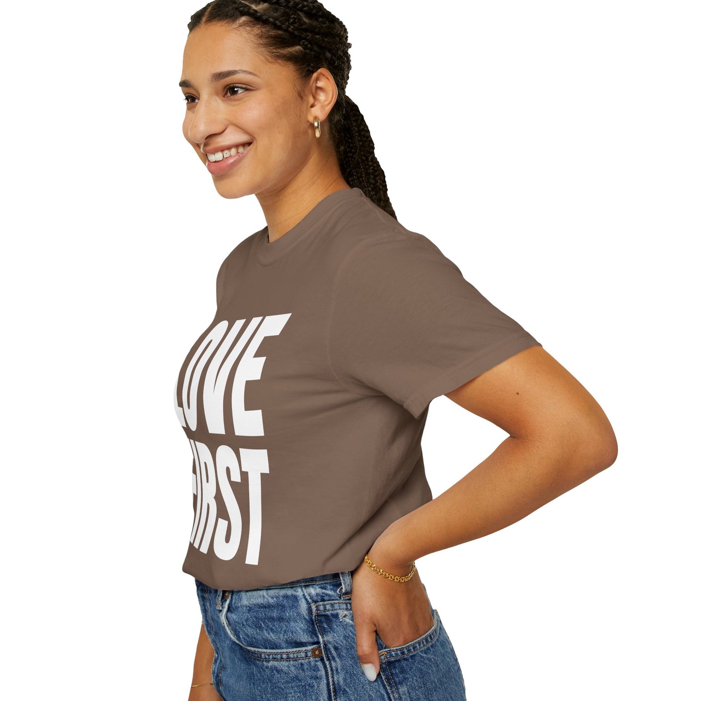 LOVE FIRST (block) - Garment-Dyed Unisex T-Shirt, Vintage Style Tee, Casual Wear, Gift for Him/Her, Customizable Shirt