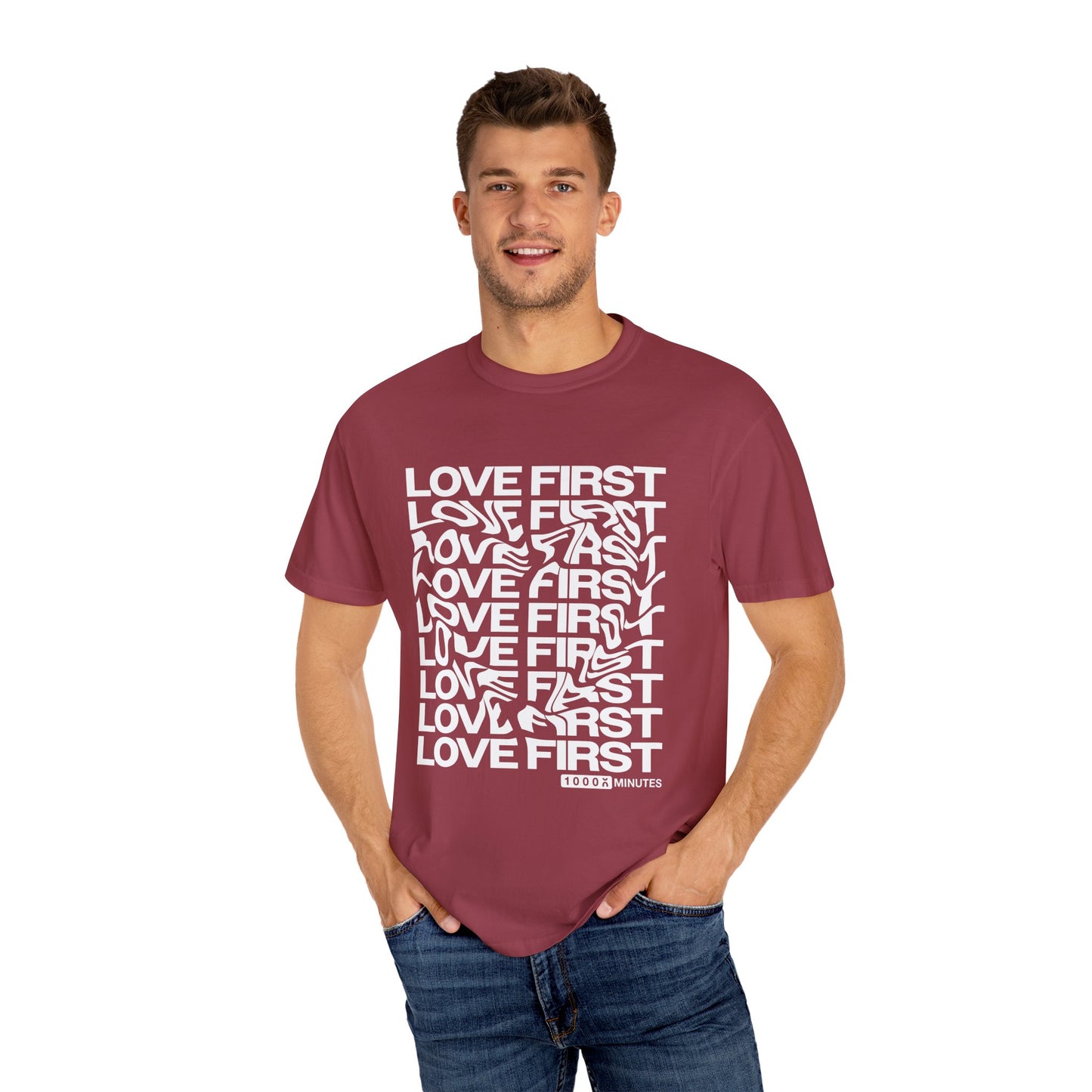LOVE FIRST - Garment-Dyed Unisex T-Shirt, Vintage Style Tee, Casual Wear, Gift for Him/Her, Customizable Shirt