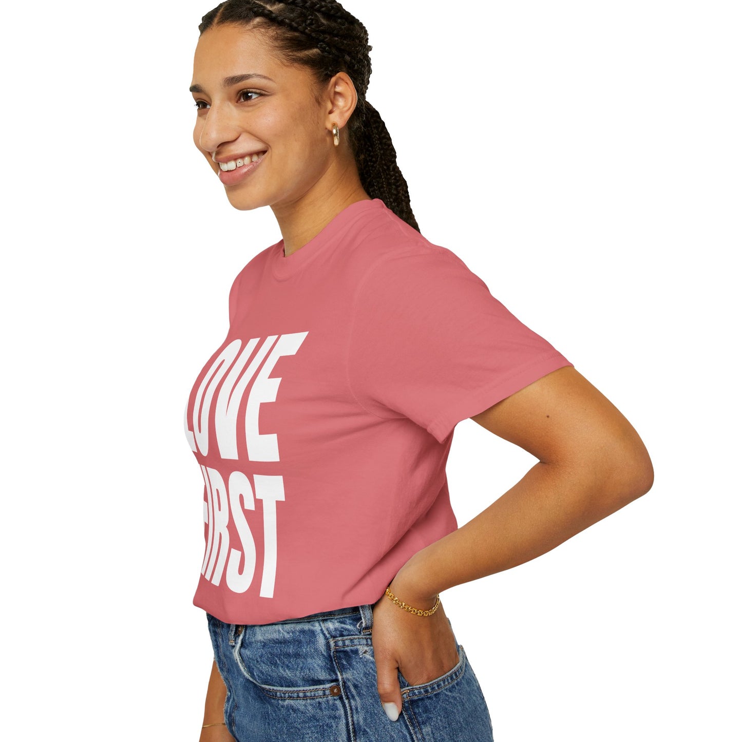 LOVE FIRST (block) - Garment-Dyed Unisex T-Shirt, Vintage Style Tee, Casual Wear, Gift for Him/Her, Customizable Shirt