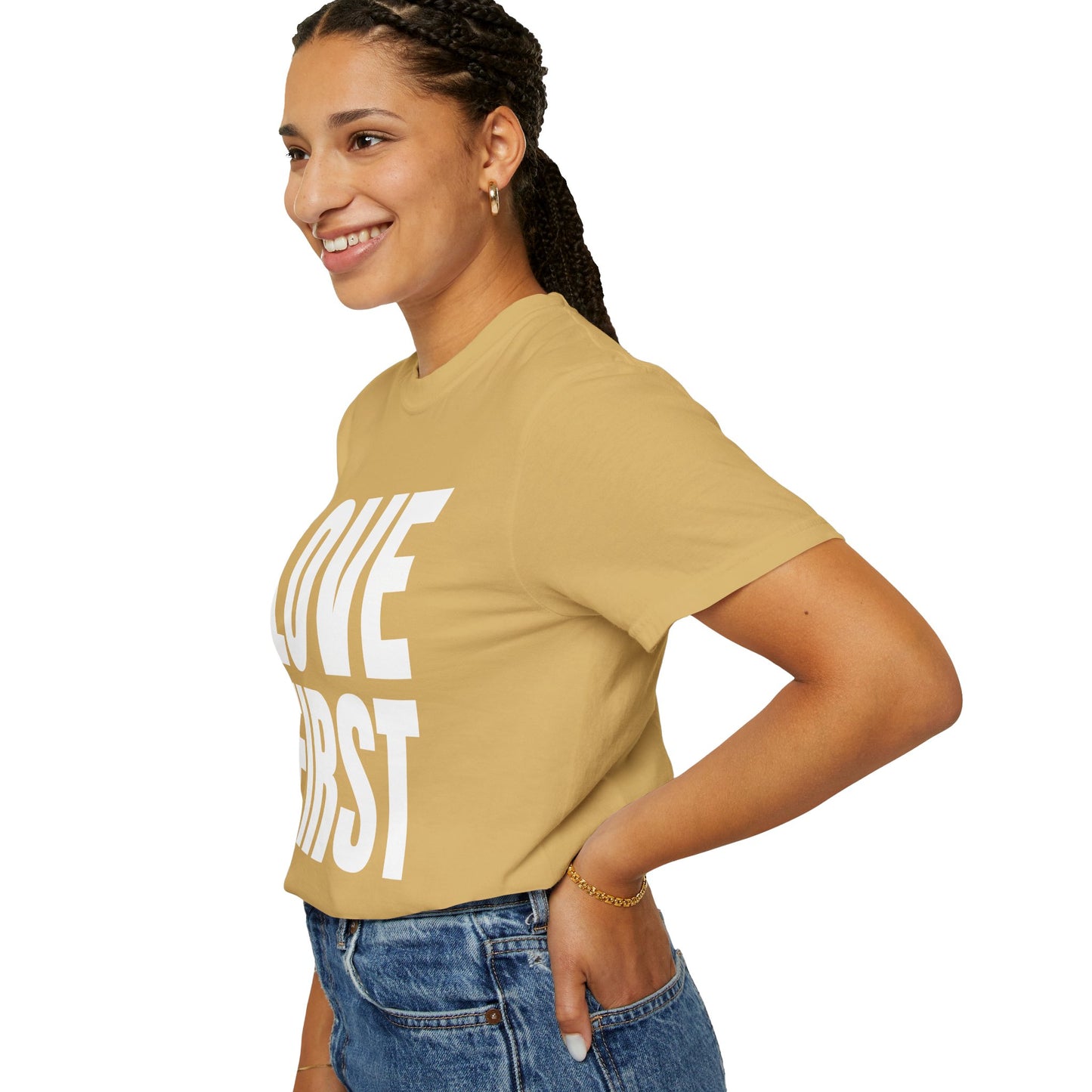 LOVE FIRST (block) - Garment-Dyed Unisex T-Shirt, Vintage Style Tee, Casual Wear, Gift for Him/Her, Customizable Shirt