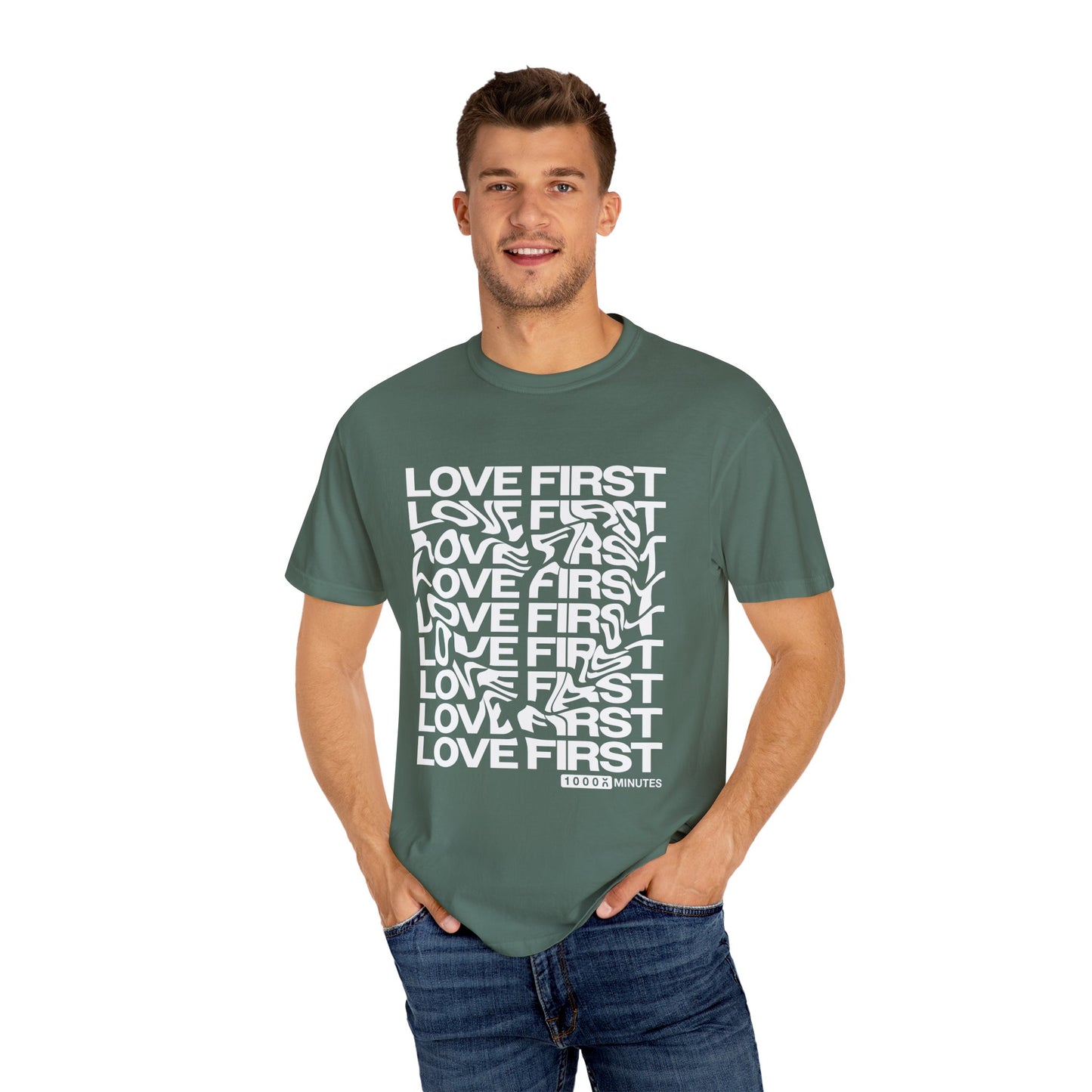 LOVE FIRST - Garment-Dyed Unisex T-Shirt, Vintage Style Tee, Casual Wear, Gift for Him/Her, Customizable Shirt