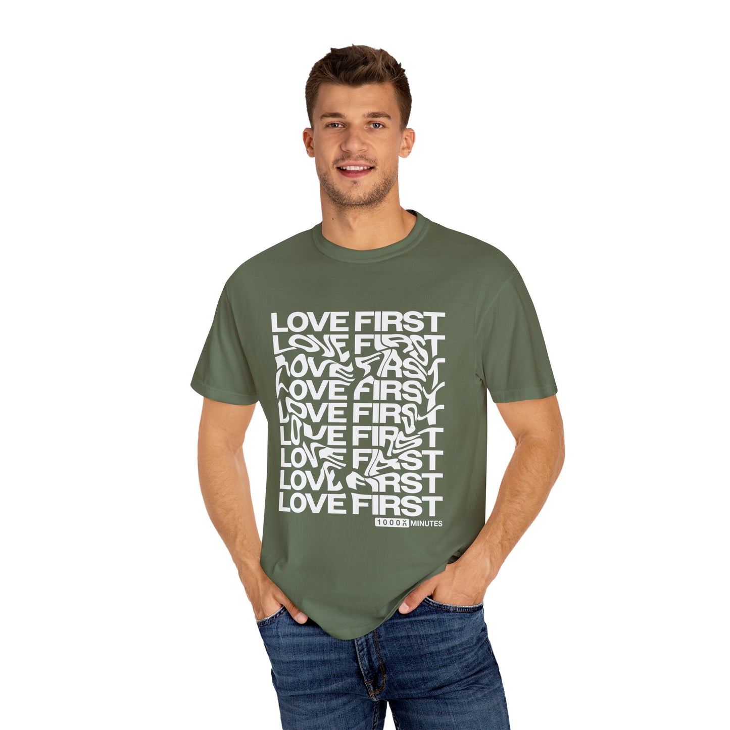 LOVE FIRST - Garment-Dyed Unisex T-Shirt, Vintage Style Tee, Casual Wear, Gift for Him/Her, Customizable Shirt