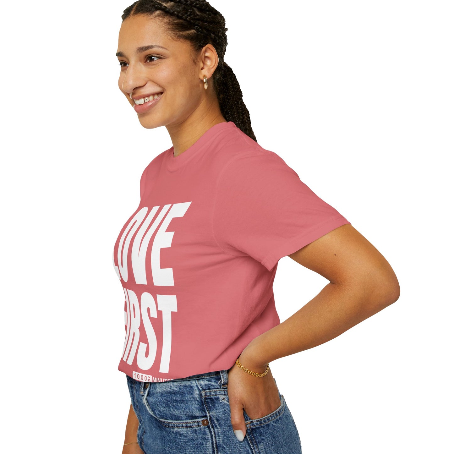 LOVE FIRST (block) - Vintage Garment-Dyed Unisex T-Shirt w/ mulitple color options