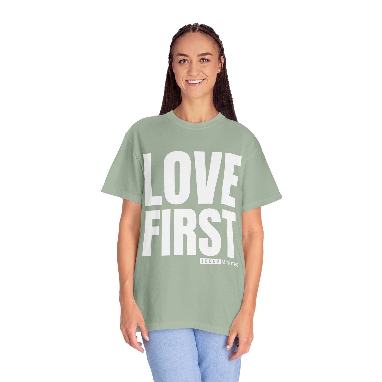 LOVE FIRST (block) - Vintage Garment-Dyed Unisex T-Shirt w/ mulitple color options